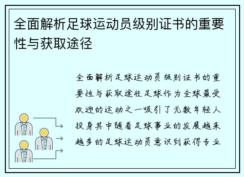 全面解析足球运动员级别证书的重要性与获取途径